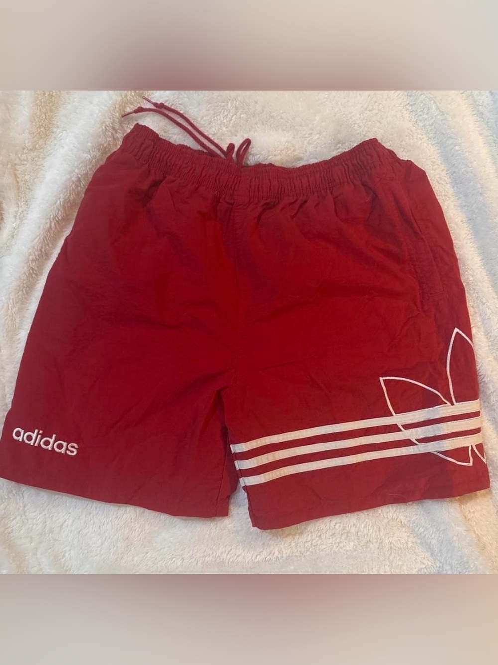 Vintage Adidas Men’s Red Athletic Shorts with stripes and logo